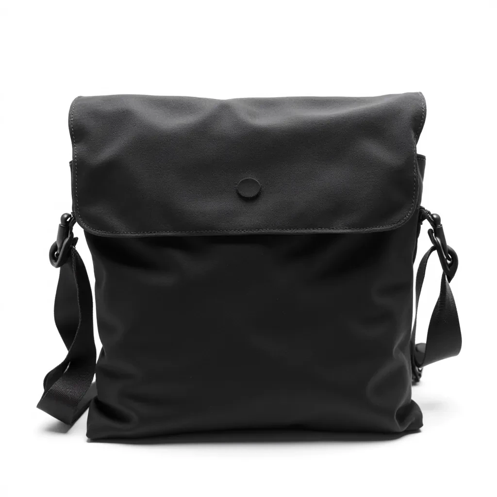 Black waxed canvas messenger bag with professional shoulder strap and organization pockets