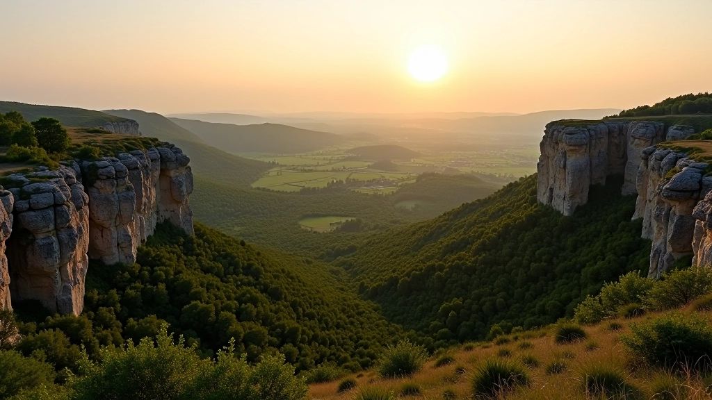 Panoraminis vaizdas iš atodangos į dolomitines atodangas ir žalią slėnį, nuostabus kraštovaizdis