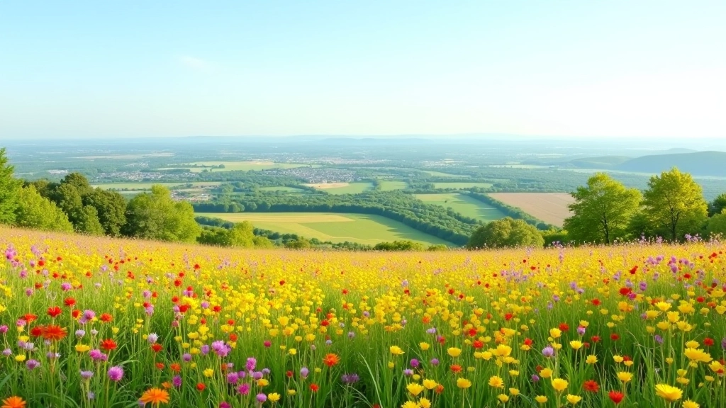 Paukščio akies vaizdas iš kalvos, spalvingos pievelės ir tolimas horizontas
