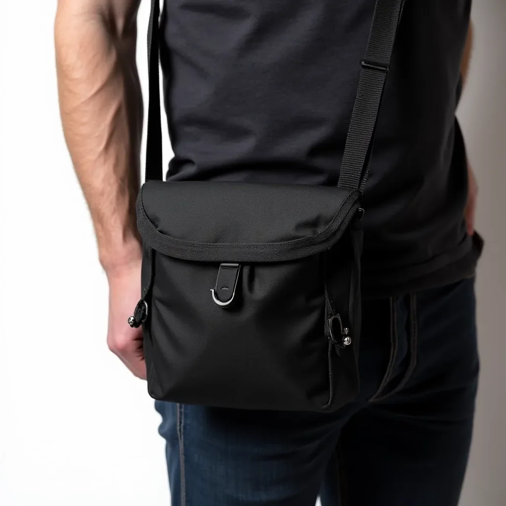 Close-up of mini sling pack showing magnetic closure mechanism, quality stitching, and water-resistant black polyester texture