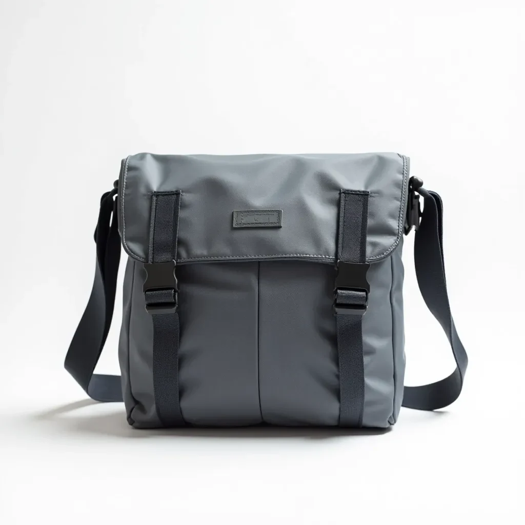 Slate grey ballistic nylon crossbody bag with sternum strap, professional product photography showing weatherproof design and technical construction details